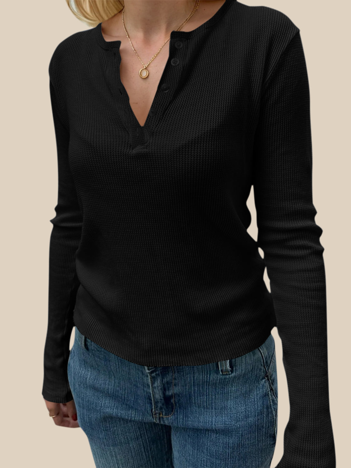 Devine Quarter Button Long Sleeve T-Shirt - Ladyez
