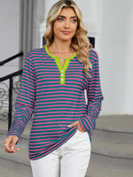 Striped Notched Long Sleeve T-Shirt - Ladyez