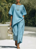 Full Size Contrast Trim Half Sleeve Top and Pants Set Plus Size