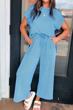 Ribbed Knit Round Neck Top and Pants Casual Set