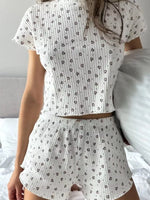 Heart Print Ribbed Knit Top and Shorts Lounge Set