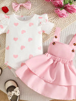 Children's Heart Print Ruffle Trim Bodysuit and Dress Set with Headband