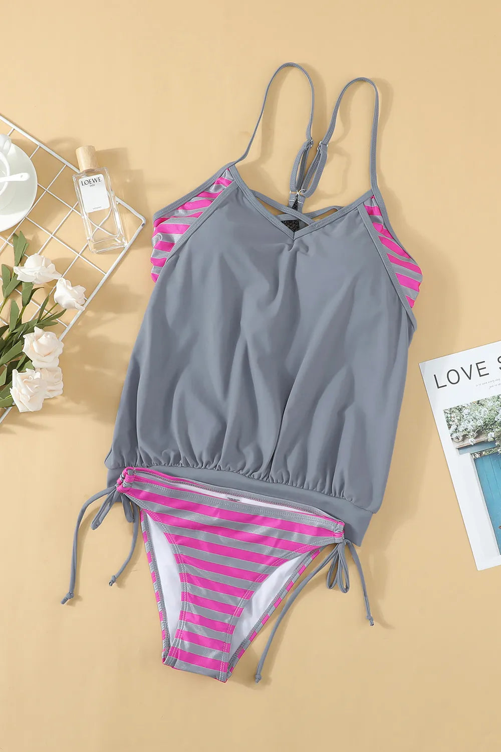 Crisscross Striped Spaghetti Strap Tankini Set - Ladyez