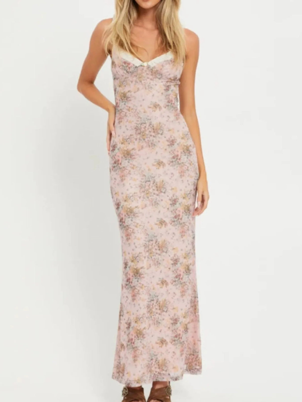 Floral Print Maxi Cami Dress with V-Neck - Ladyez