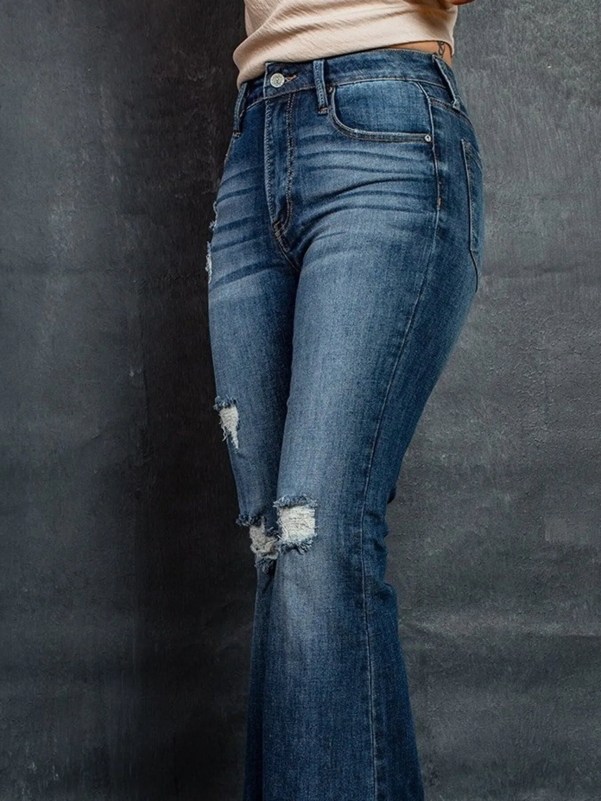 Distressed High-Waisted Flare Jeans - Ladyez