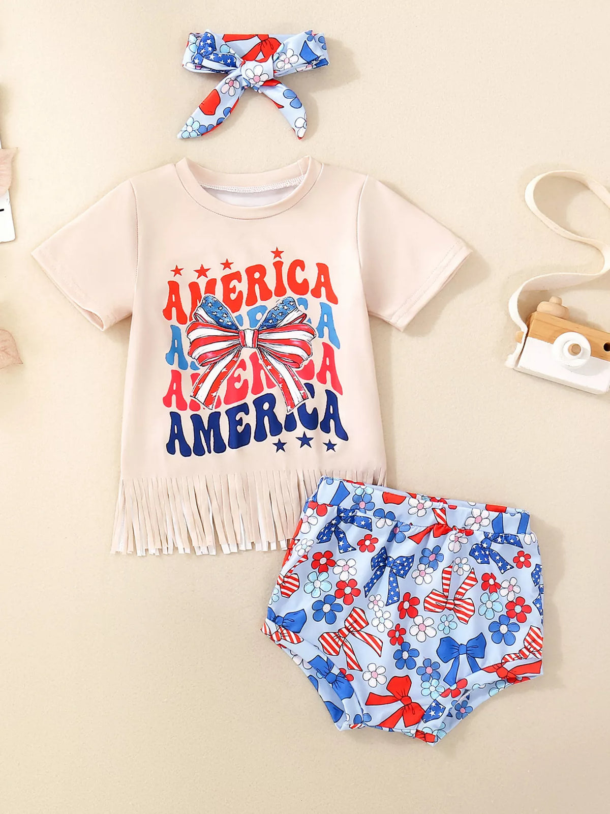 Children's Cow Floral Graphic Fringe Tee and Shorts Set with Headband
