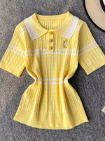 Striped Knit Polo Collar Top
