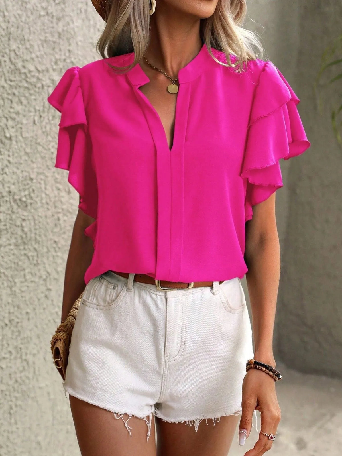 Ruffle Sleeve Notched Blouse - Ladyez