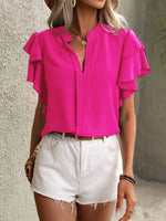Ruffle Sleeve Notched Blouse - Ladyez