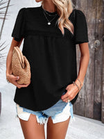 Devine Swiss Dot Smocked Round Neck Short Sleeve Blouse