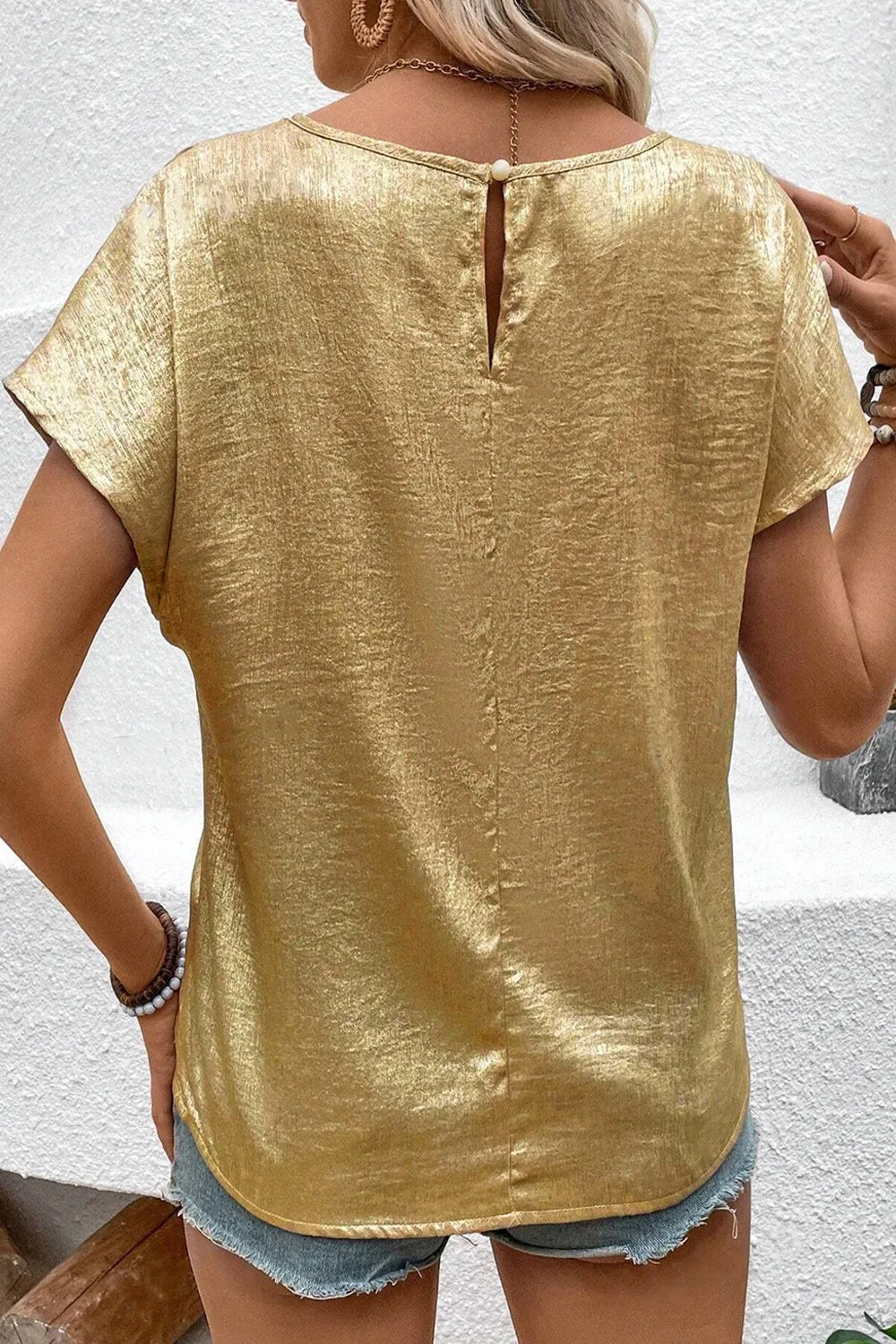 Metallic Gold Short Sleeve Casual Blouse - Ladyez
