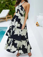 Printed Halter Neck Tiered Maxi Dress - Ladyez