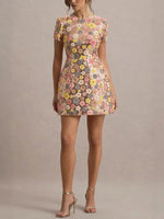 Floral Sequin Short Sleeve Mini Dress