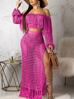 Full Size Crochet Off-Shoulder Fringe Top and Skirt Set Plus Size