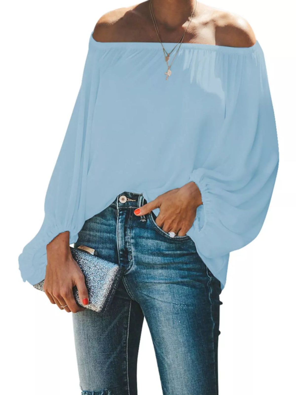 Full Size Off-Shoulder Balloon Sleeve Blouse Plus Size