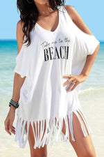 Fringe V-Neck Cold Shoulder Cover Up - Ladyez