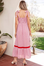Stripe Bow Knot Straps Contrast Trim High Waist Ruffle Hem Maxi Dress