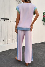 Contrast Round Neck Top and Pants Set - Ladyez