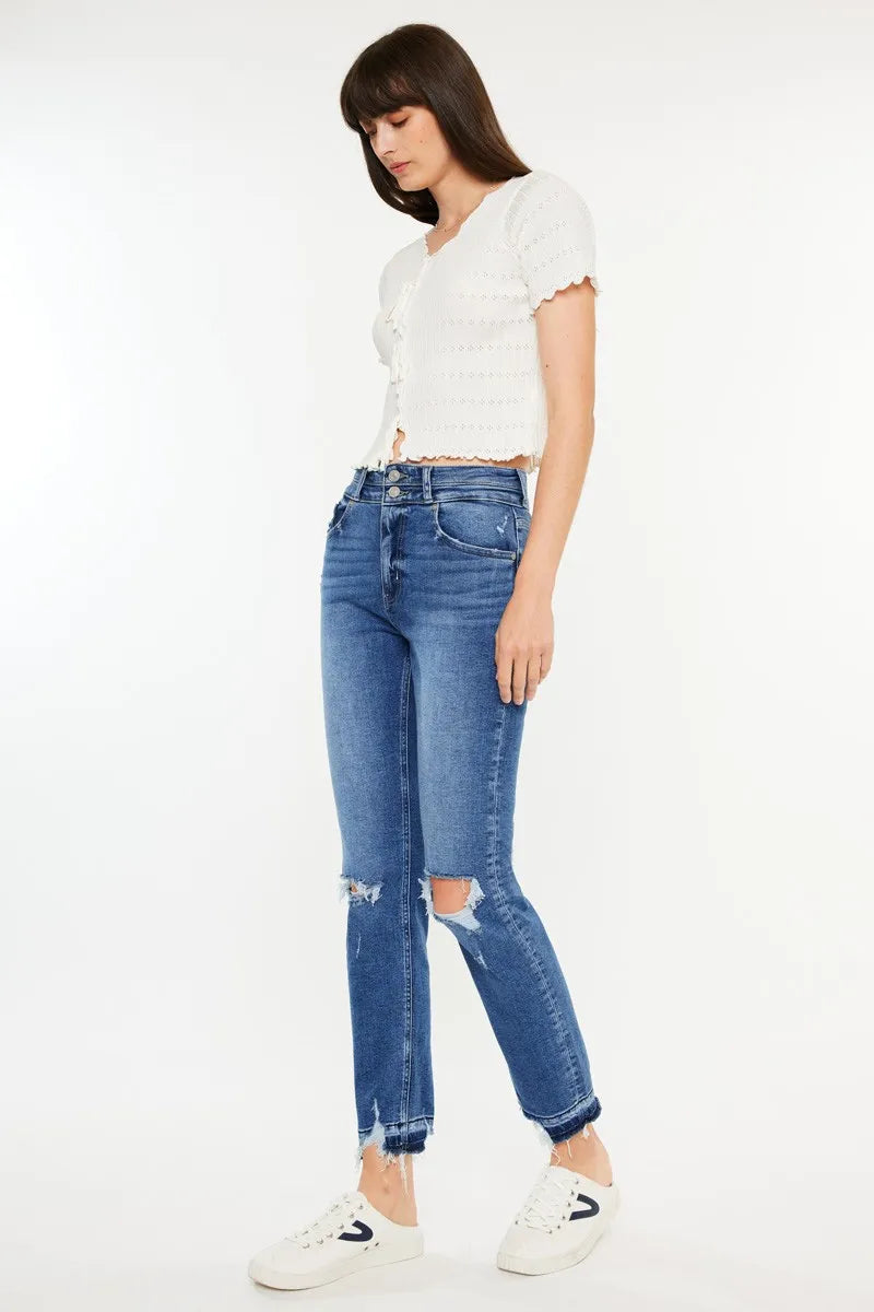 Kancan High Rise Distressed Slim Straight Jeans - Ladyez