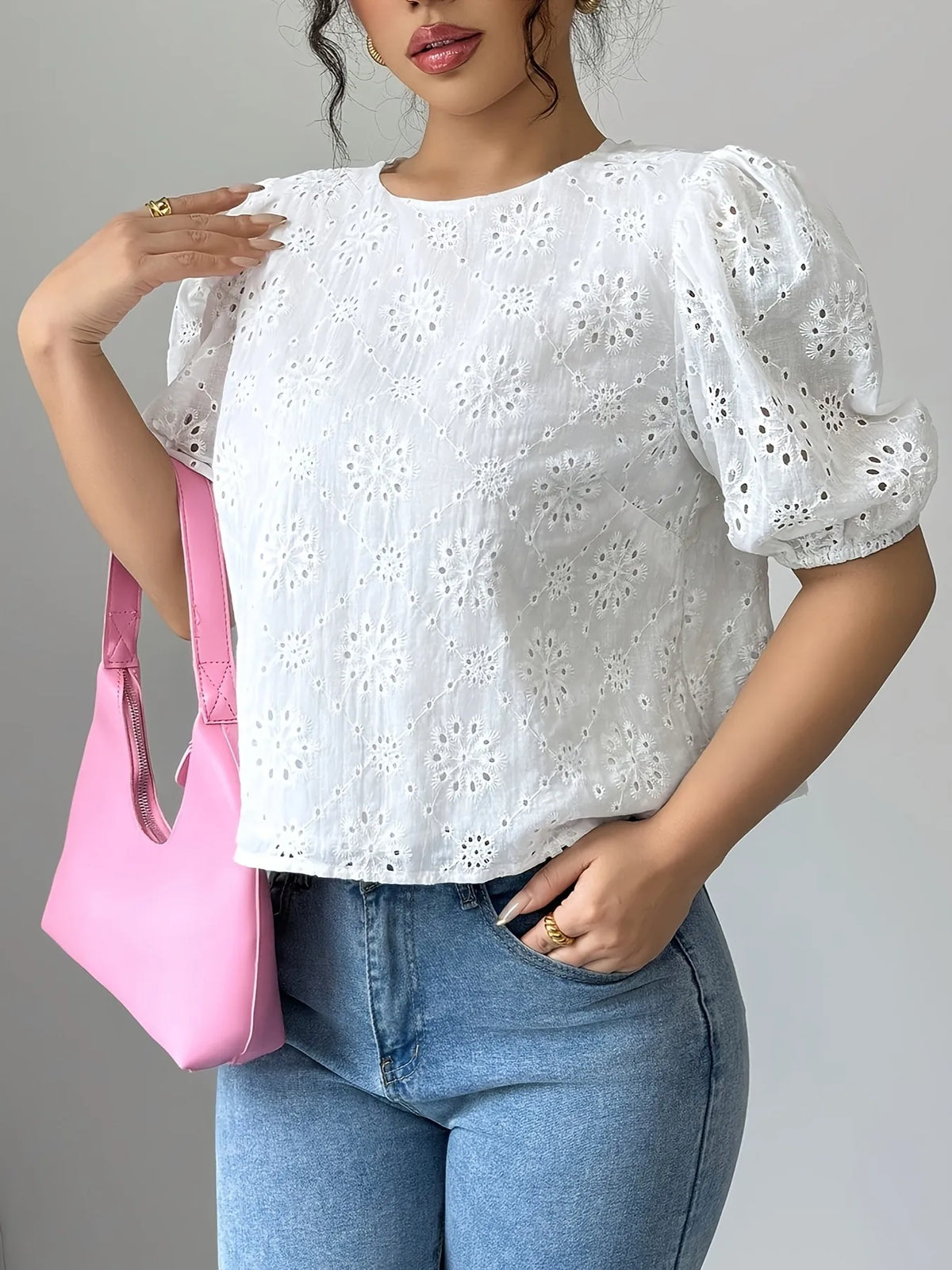 Eyelet Embroidered Puff Sleeve Tie-Back Blouse - Ladyez