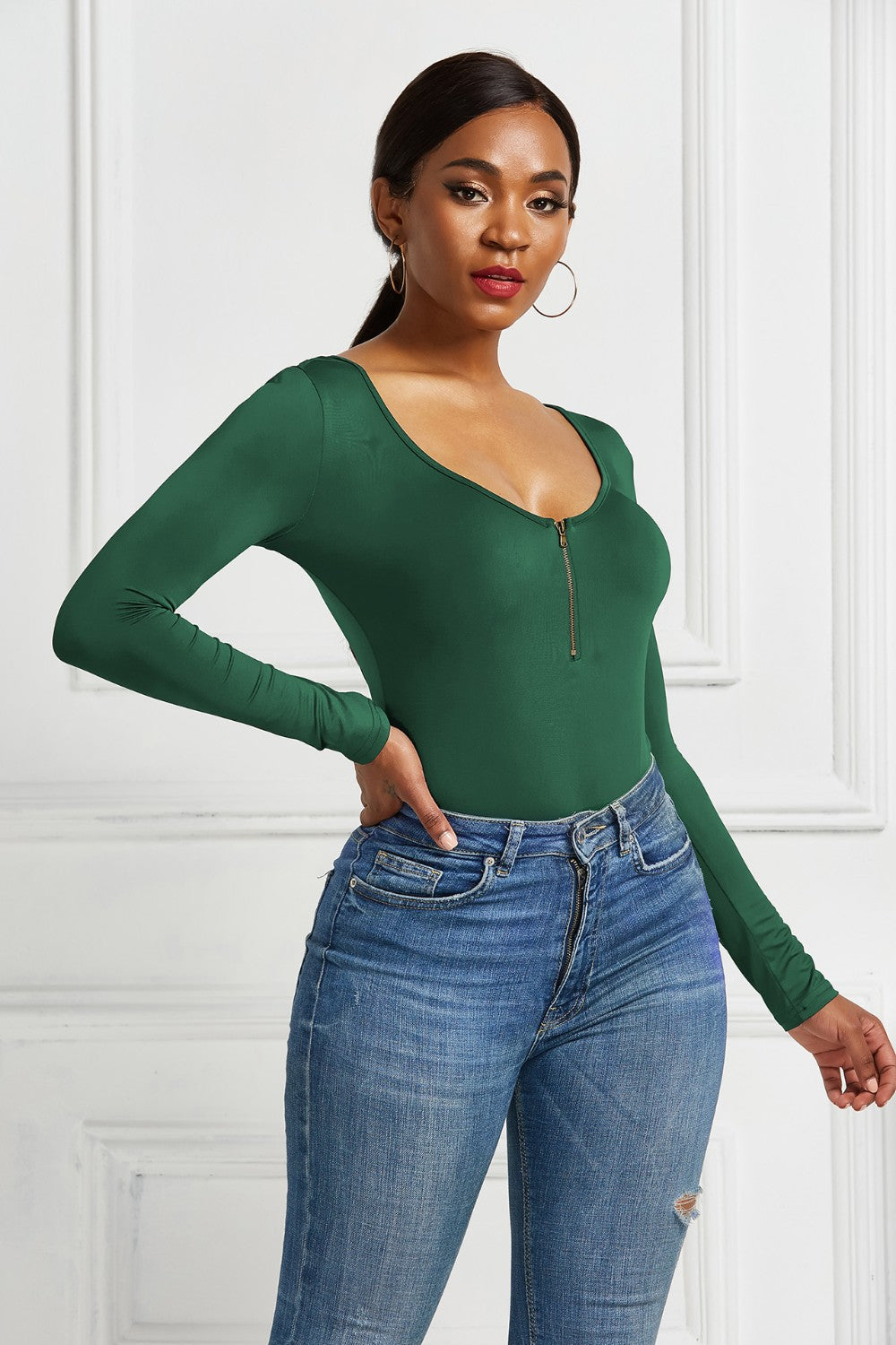 Half Zip Scoop Neck Long Sleeve Bodysuit - Ladyez