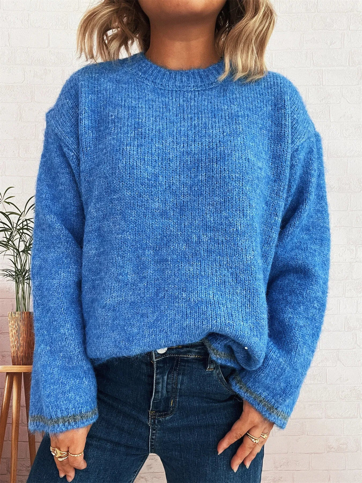 Contrast Trim Round Neck Cozy Sweater