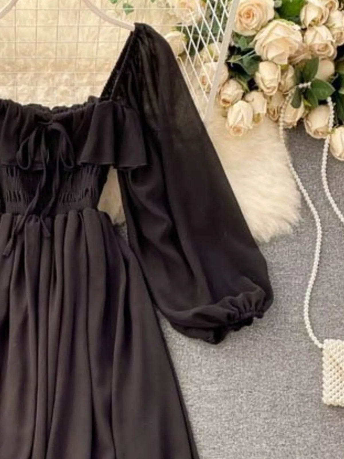 Ruffle Square Neck Balloon Sleeve A-Line Dress