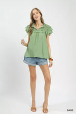 Umgee Ruffled Flutter Sleeve Textured Blouse