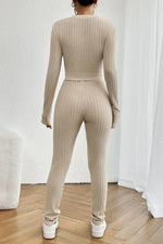 Ribbed V-Neck Long Sleeve Cropped Top and Pants Set