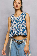 POL Floral Round Neck Cropped Pintuck Tank
