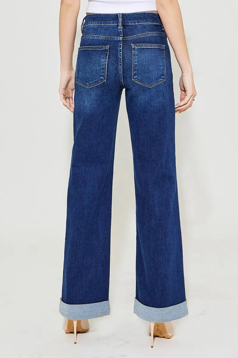 RISEN Full Size Tummy Control High Rise Wide Leg Cuffed Jeans Plus Size - Ladyez