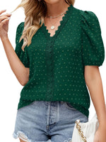 Puff Sleeve Swiss Dot Lace Trim Blouse