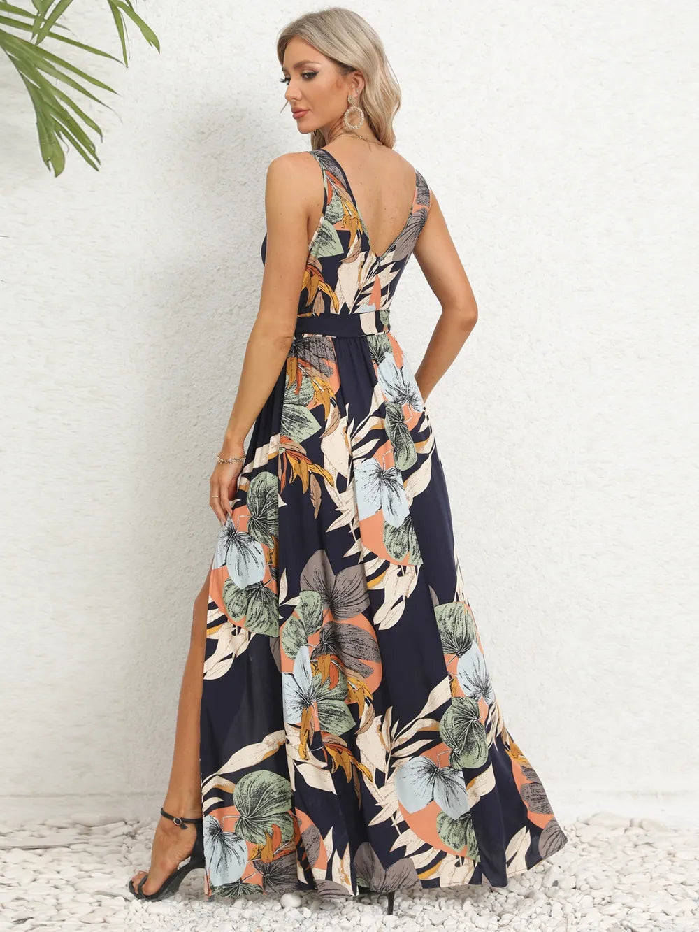 Slit Tied Printed Surplice Dress - Ladyez