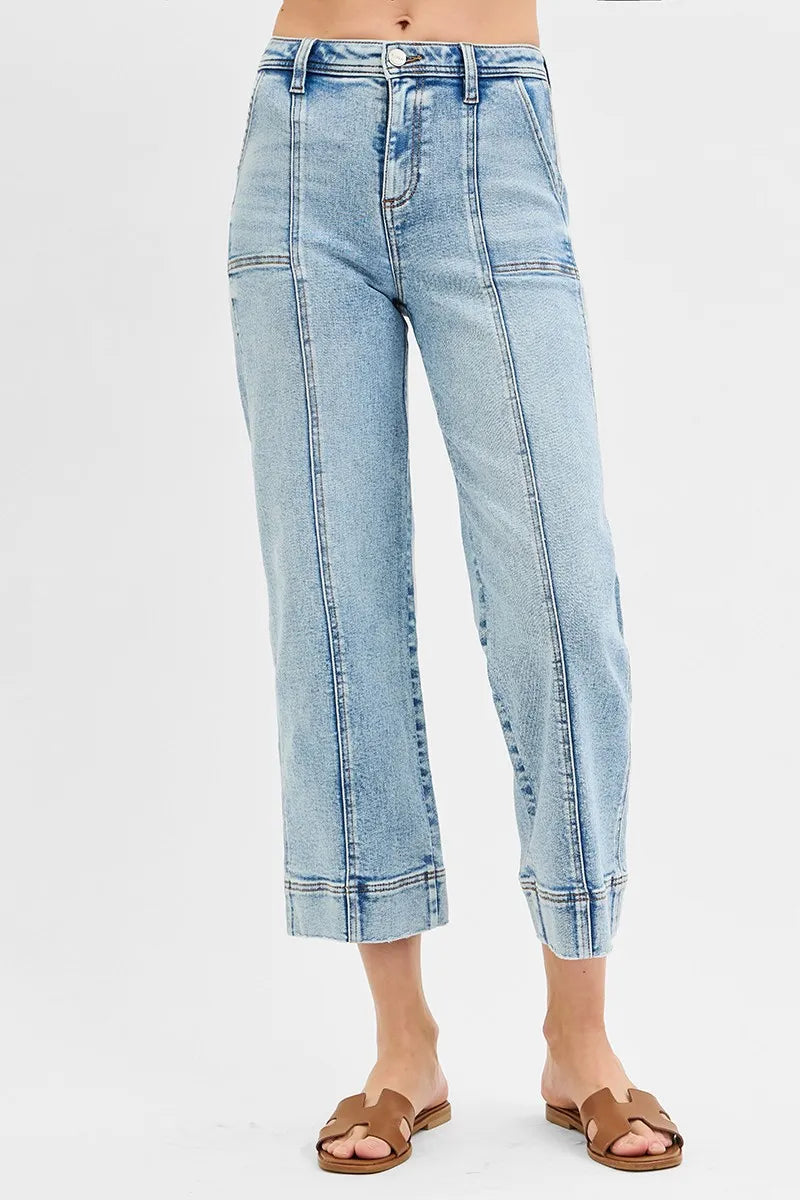 RISEN Full Size High Rise Crop Wide Front Seam Detailed Jeans Plus Size - Ladyez