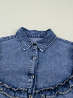 intage Wash Denim Ruffle Detail Button Down Shirt