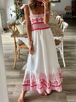 Smocked Printed Tie Shoulder Maxi Dress - Ladyez