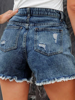 Distressed Fringe Denim Shorts with Pockets - Ladyez