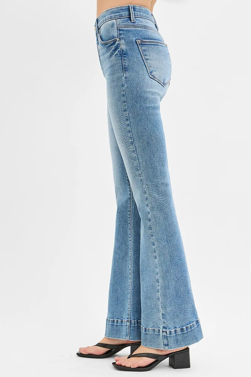 RISEN Full Size Tummy Control Elastic Band High Rise Flare Jeans Plus Size - Ladyez