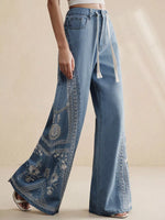Embroidered Wide-Leg Drawstring Jeans