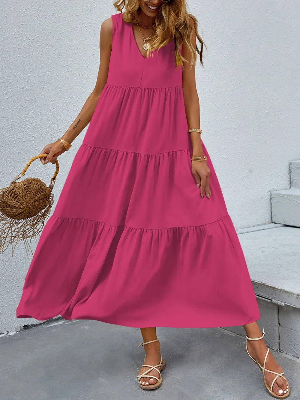 FAM-FAM Tiered V-Neck Sleeveless Dress - Ladyez