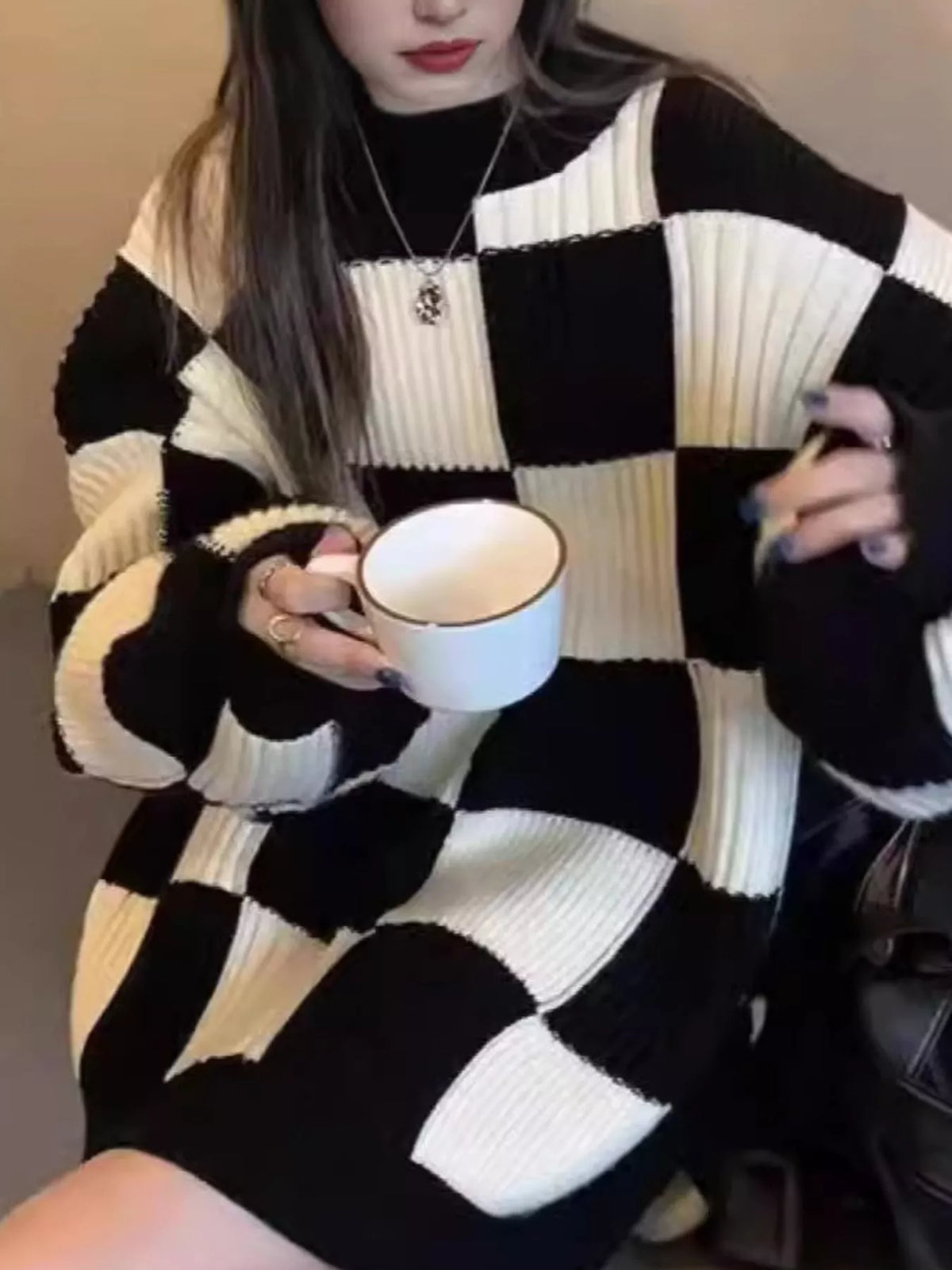 Checkerboard Pattern Oversized Sweater