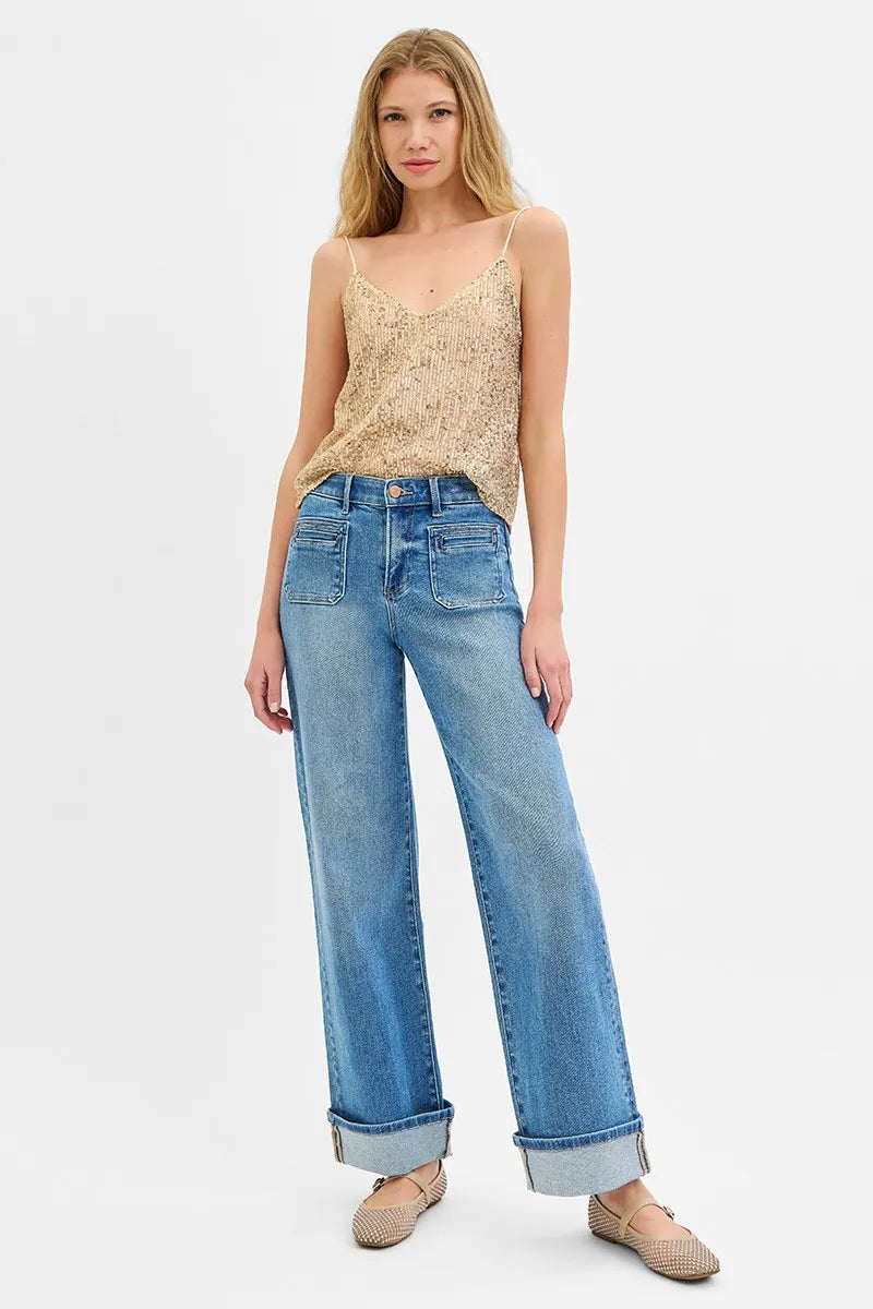 RISEN Full Size Elastic Band Mid Rise Wide Front Patch Pocket Cuff Jeans Plus Size - Ladyez