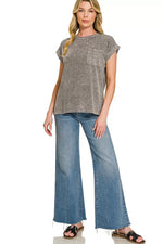 Zenana Halo Snow Washed Cuffed Short Sleeve Tee
