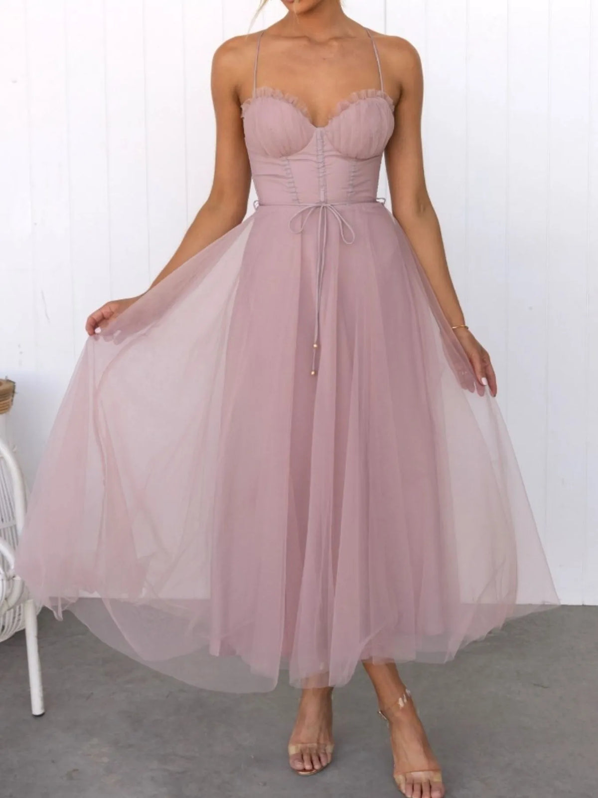 Sweetheart Neck Tulle Midi Dress - Ladyez