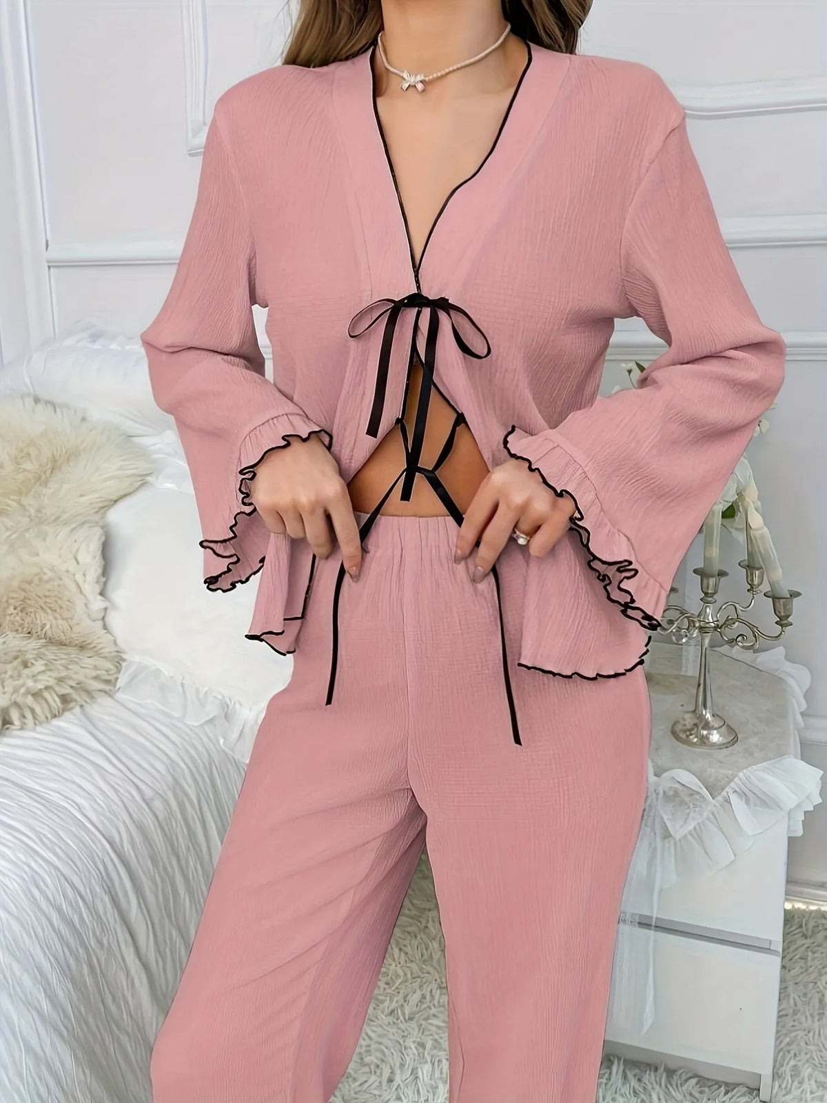 Contrast Trim Bow Tie Shirt and Pants Lounge Set - Ladyez