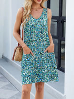 Printed V-Neck Sleeveless Mini Dress with Pockets - Ladyez