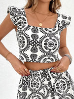 Printed Ruffle Trim Crop Top & Shorts Set