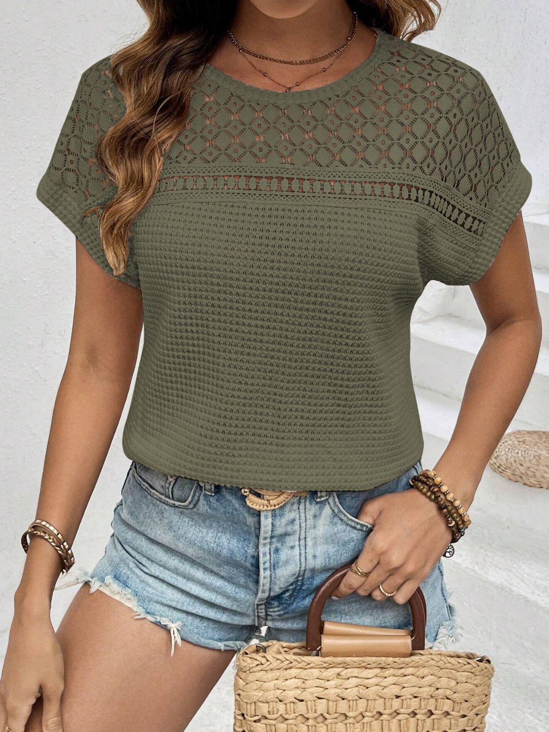 Waffle-Knit Round Neck Short Sleeve Top - Ladyez