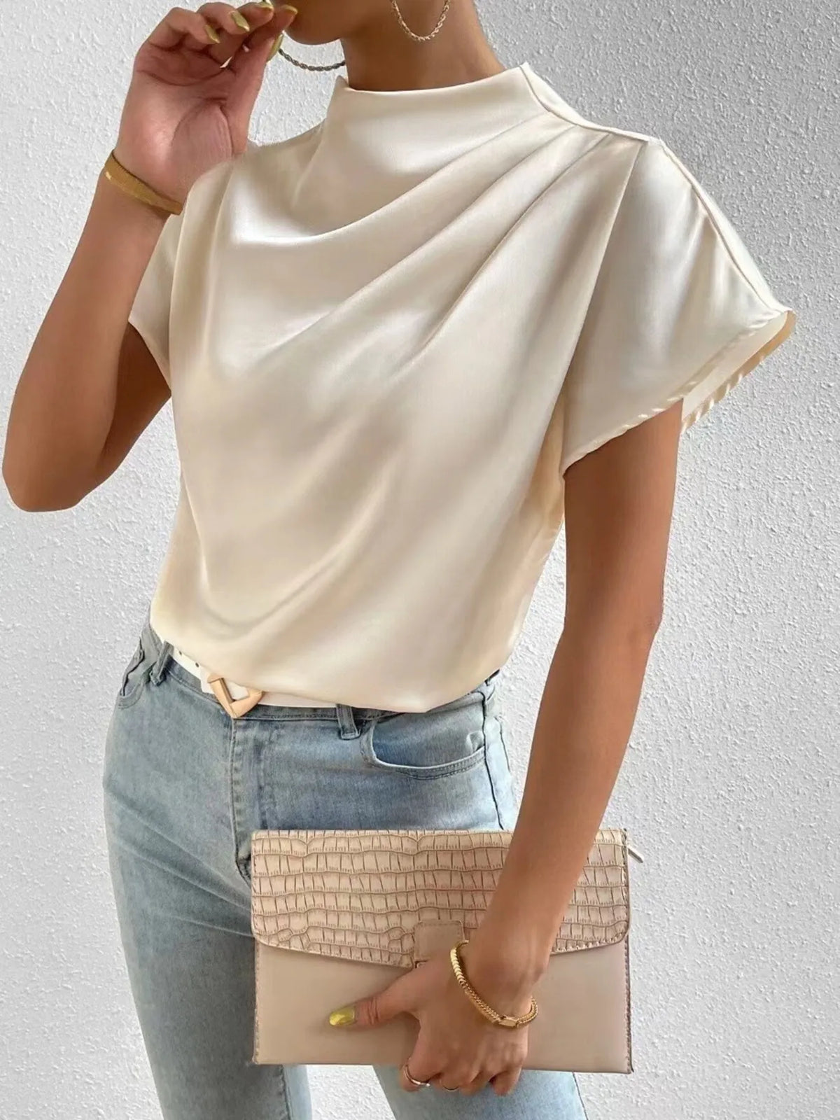 Mock Neck Short Sleeve Satin Blouse - Ladyez