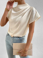Mock Neck Short Sleeve Satin Blouse - Ladyez